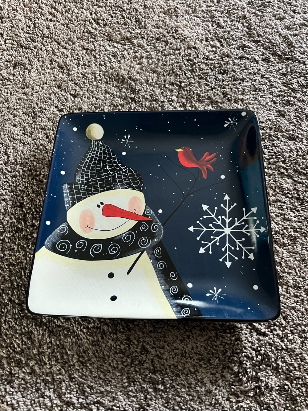Holiday Snowman Ceramic Serving Plate - Navy with Red Accent